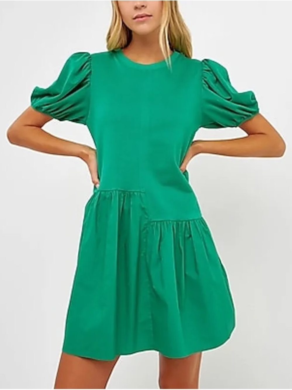 English Factory Green Puff-Sleeve Tiered Mini Dress